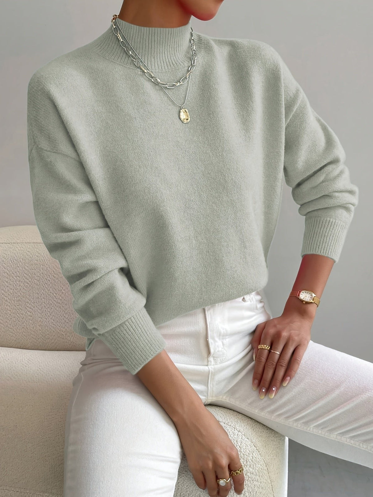 Women's Oversized Funnel Roll Neck Jumper - Light Green