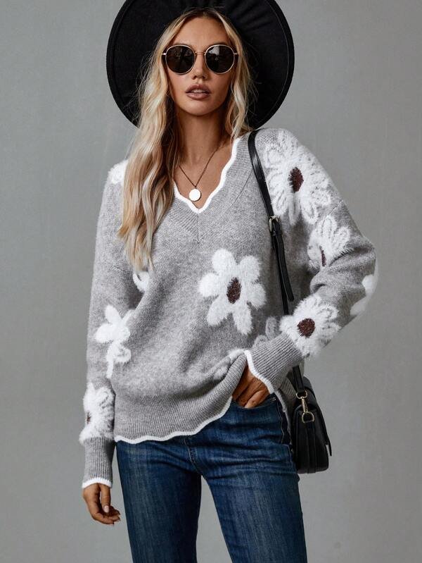 Women's Floral Wool V-Neck Jumper