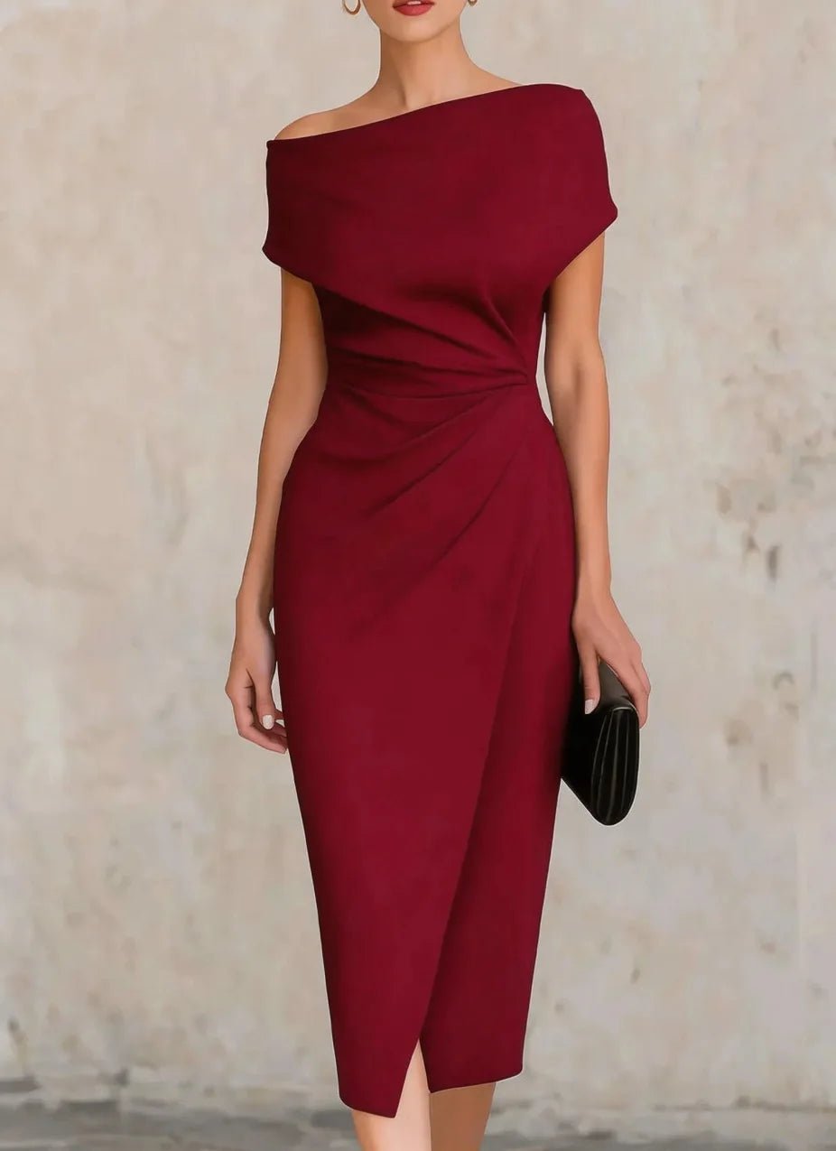 Women's Black Off-Shoulder Bodycon Midi Party Dress - Red