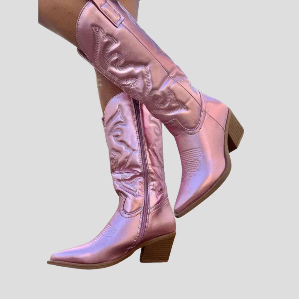 Women's Faux Leather Western Cowboy Knee-High Boots - Pink