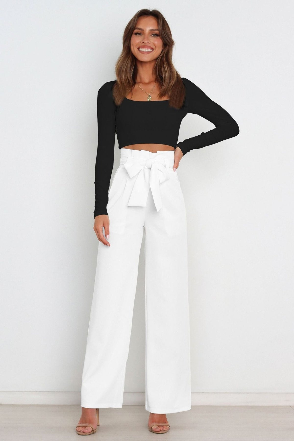 Women's High-Waisted Pleated Wide-Leg Trousers - White