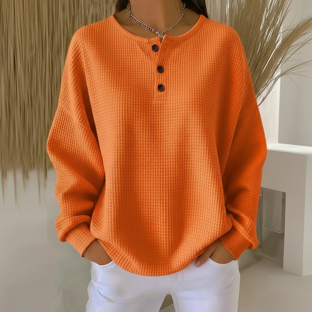 Women's Oversized Waffle Knit Henley Long Sleeve Top - Orange