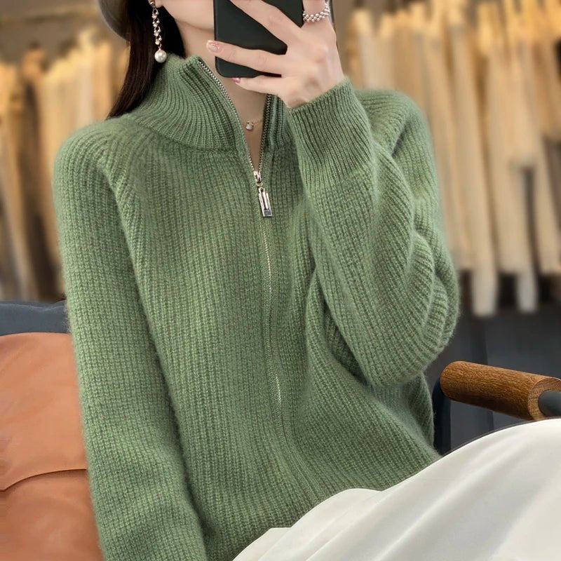Women's Ribbed Wool Cardigan - Green