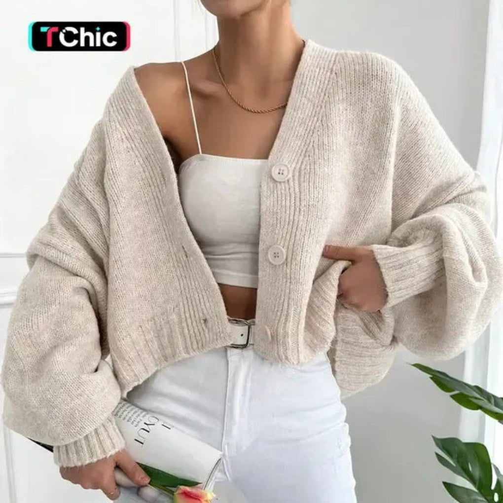 Women's Chunky Cropped Knit Ribbed Wool V-Neck Cardigan - Beige