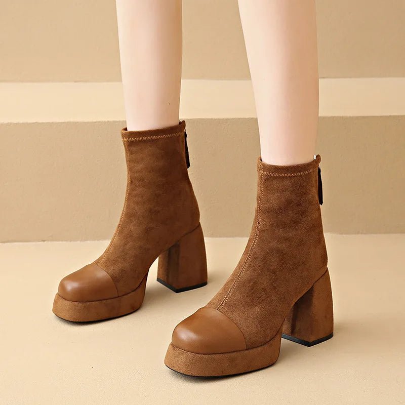 Women's Suede Platform Ankle Boots - Brown