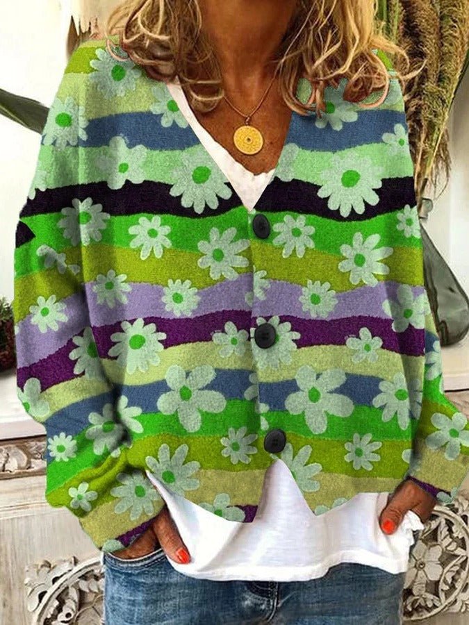 Women's Oversized Floral V-Neck Cardigan - Green
