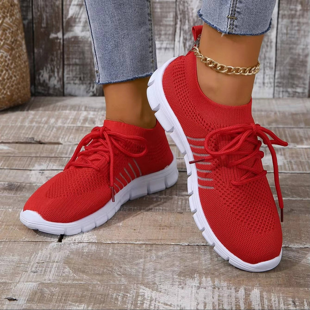 Women's Striped Knit Slip-On Trainers - Red