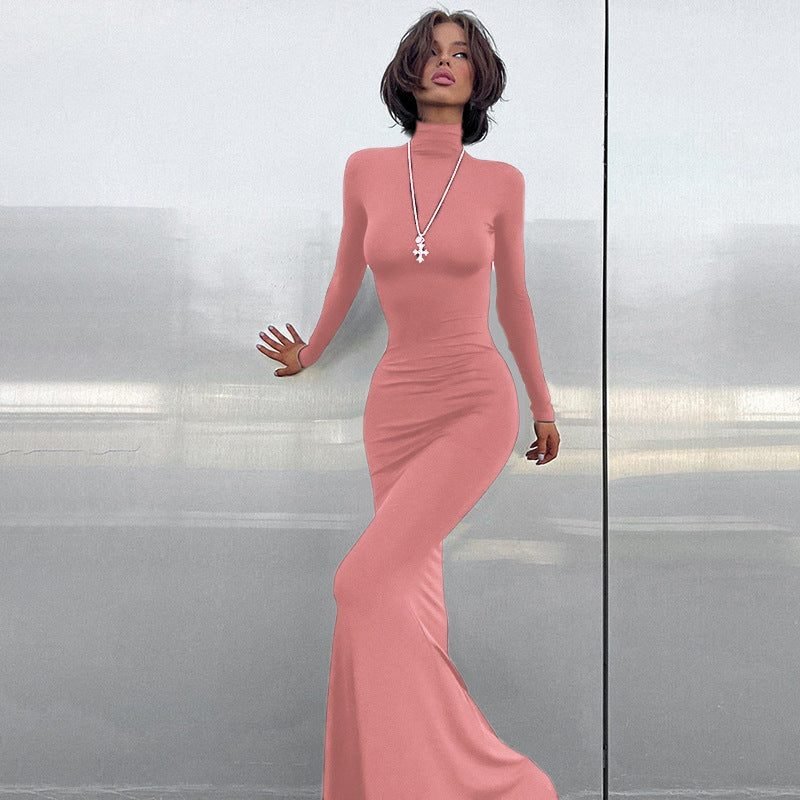 Women's Ribbed Roll Neck Bodycon Maxi Party Dress - Pink