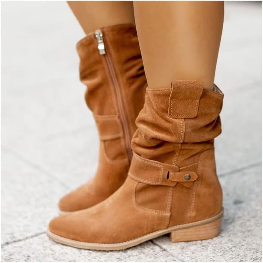 Women's Suede Knee-High Slouch Boots - Yellow Brown