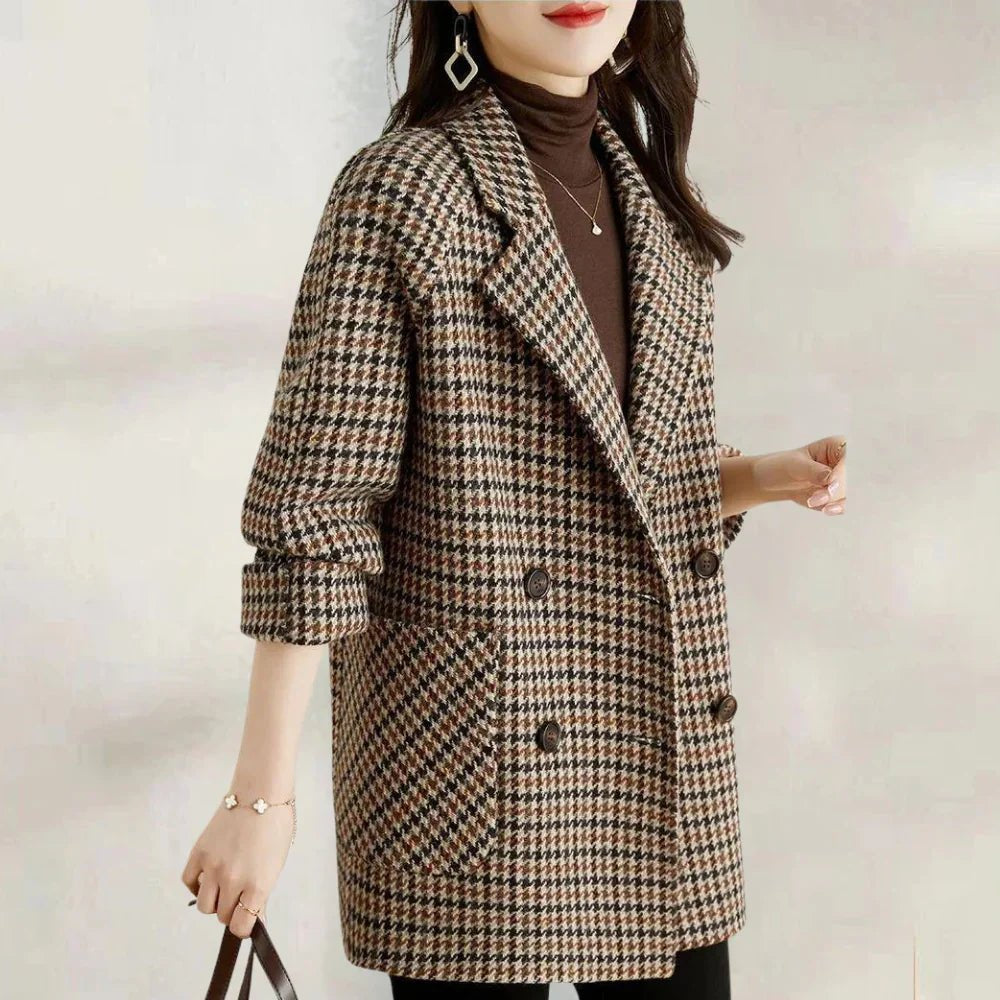 Women's Oversized Houndstooth Wool Blazer - Coffee