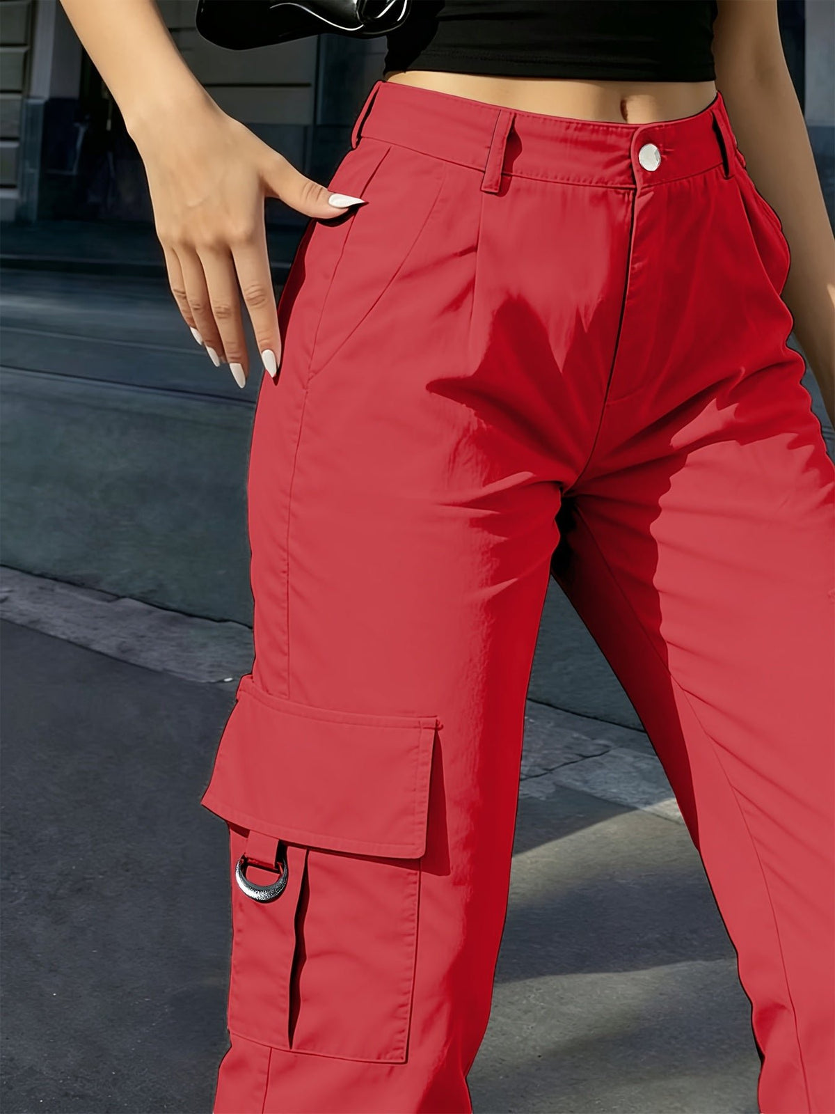 Women's Black High-Waisted Cargo Wide-Leg Trousers