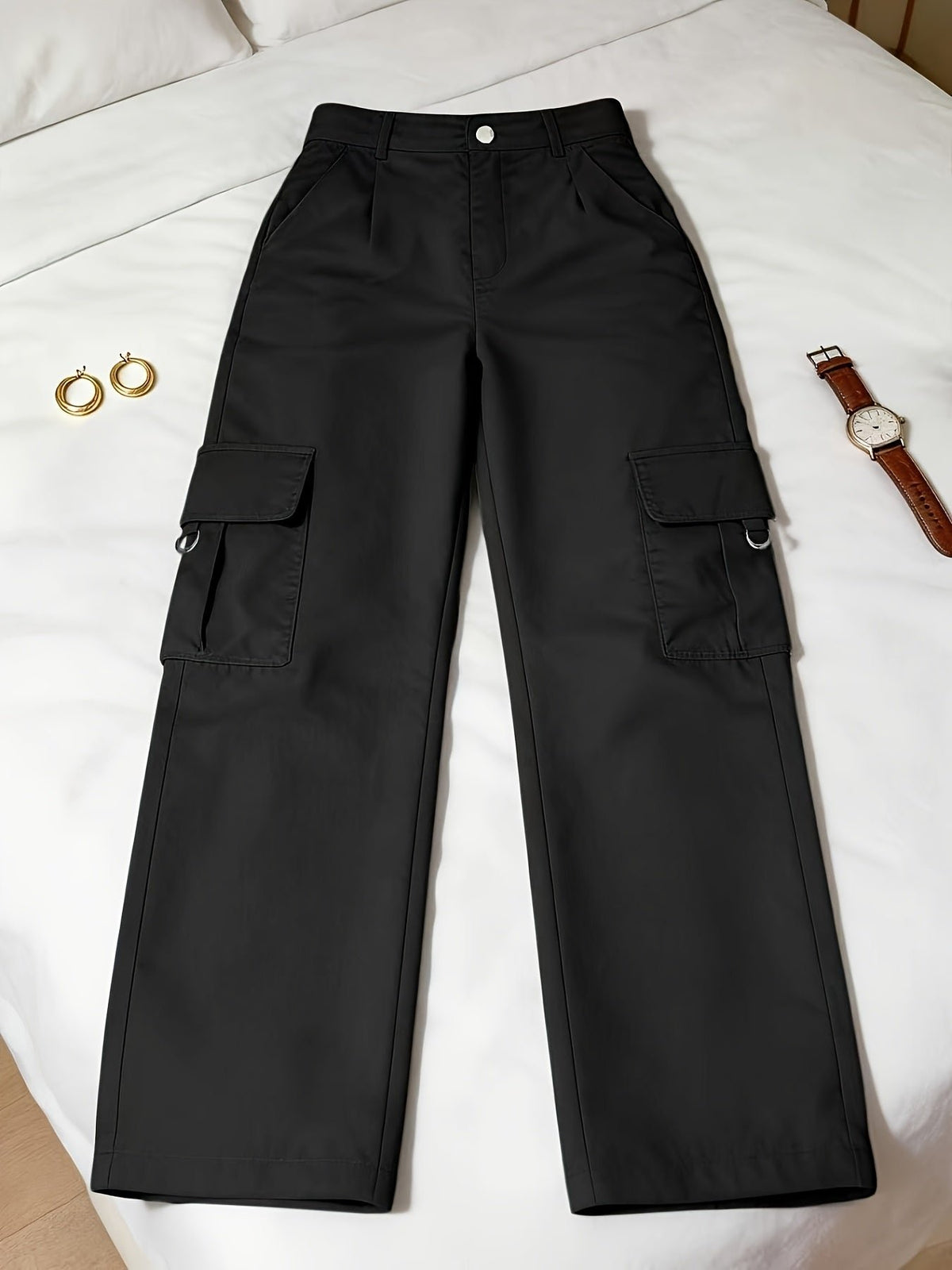 Women's Black High-Waisted Cargo Wide-Leg Trousers