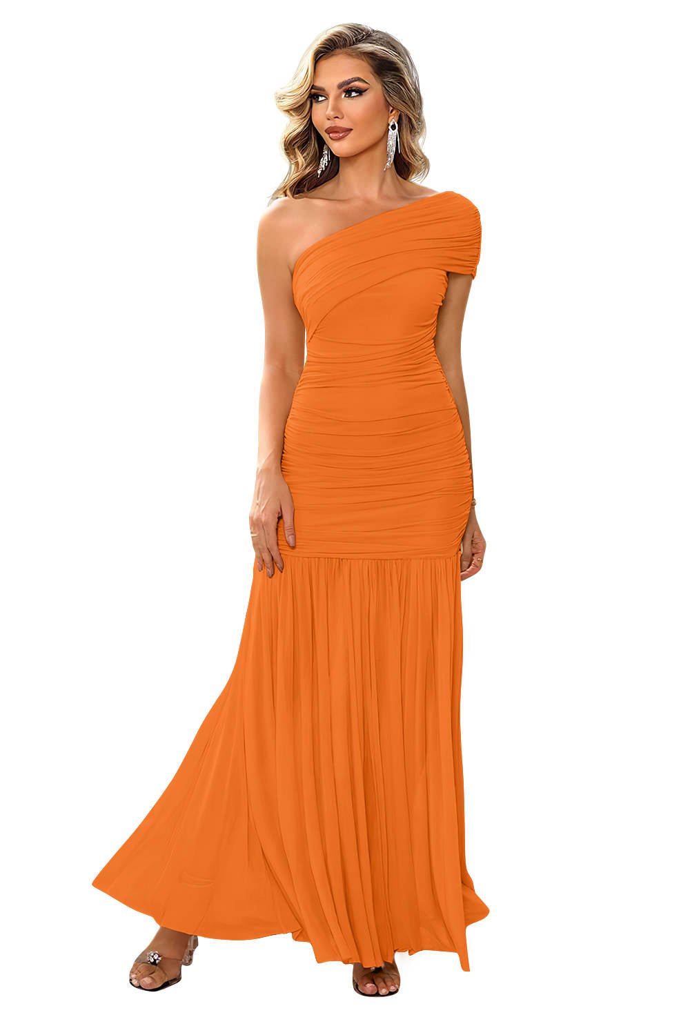 Women's Black Ruched Mermaid One-Shoulder Maxi Party Gown - Orange