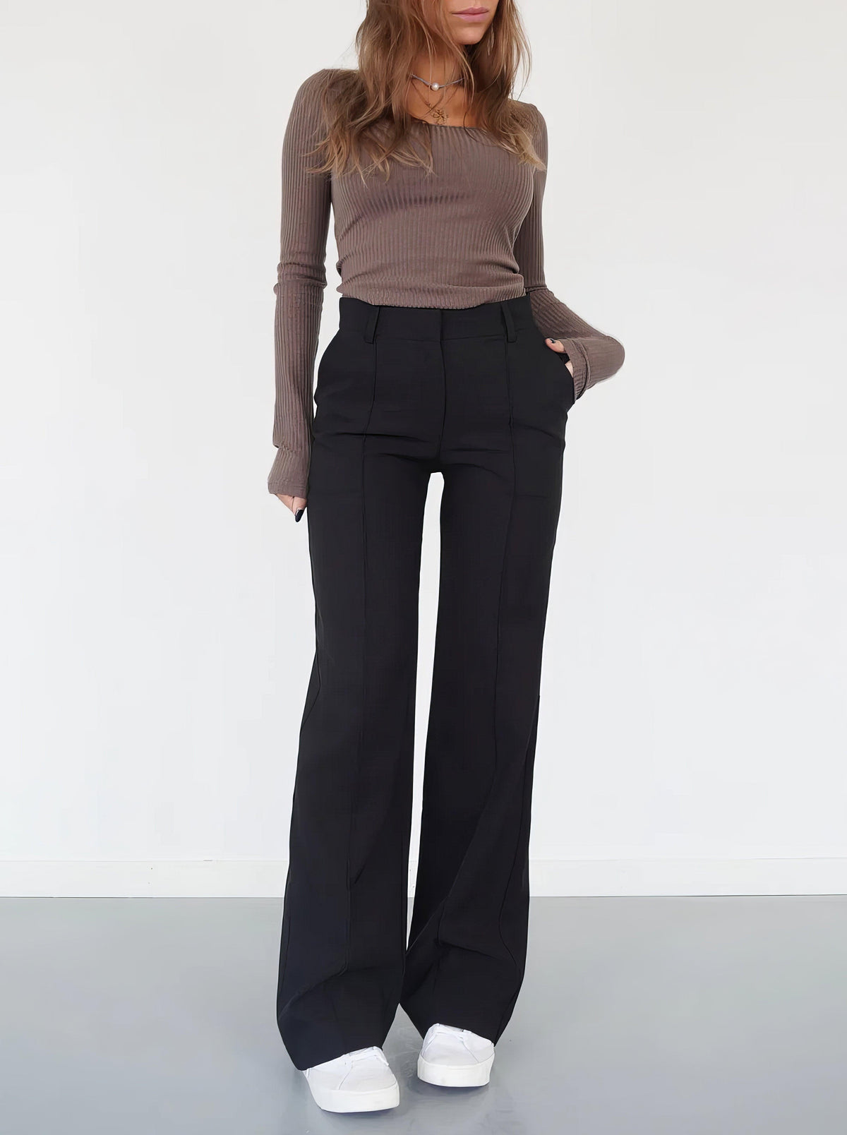 Women's Black High-Waisted Tailored Wide-Leg Trousers - Black