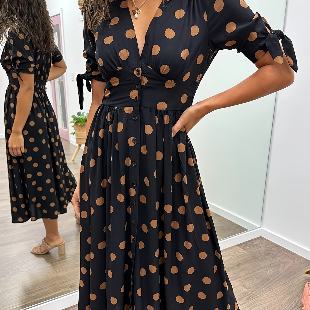 Women's Black Satin Midi Party Shirt Dress
